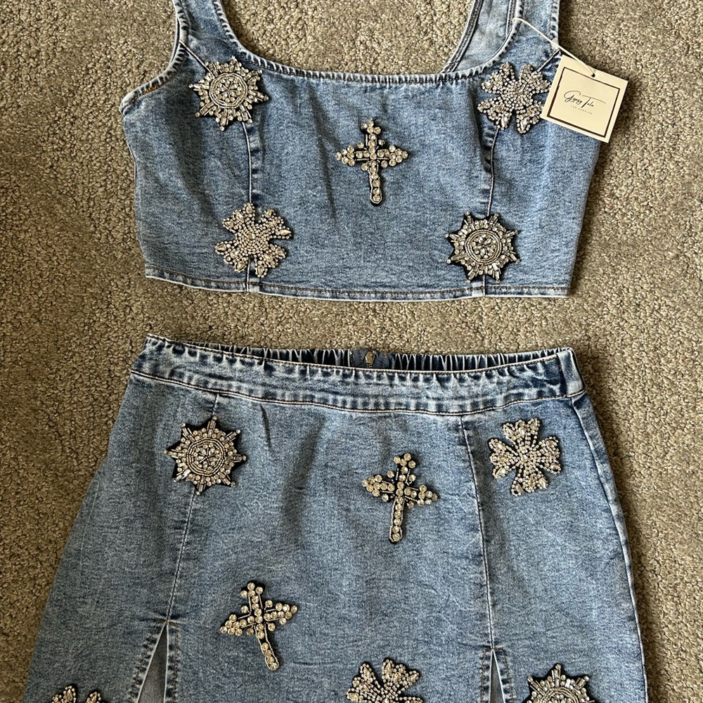 Embellished Denim Crop Top and Skirt Set